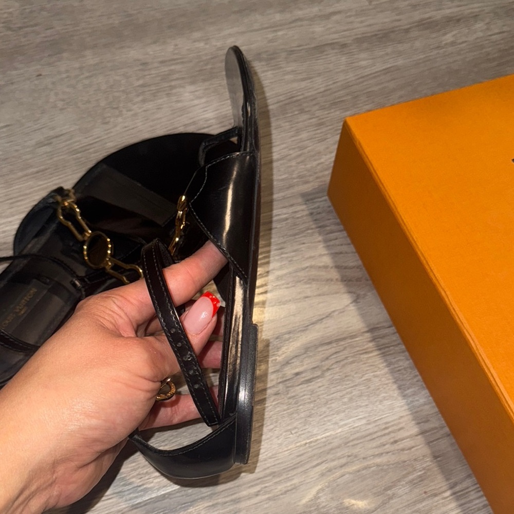 Authentic Louis Vuitton Gold and Black Leather Sandals - Picture 9 of 11